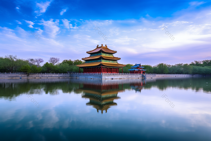 夏天蓝色天空下魅力故宫角楼风景倒影景色,高清,摄影图,摄影图片,图片大全,摄影图免费下载